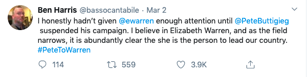 Turn on images to see a tweet from a voter who switched from Pete to Warren.