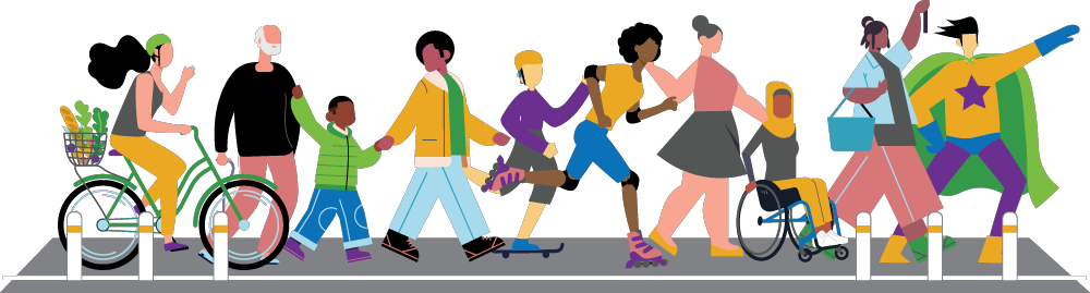 A cartoon image of people walking, skating, rolling, and riding bikes down a street.