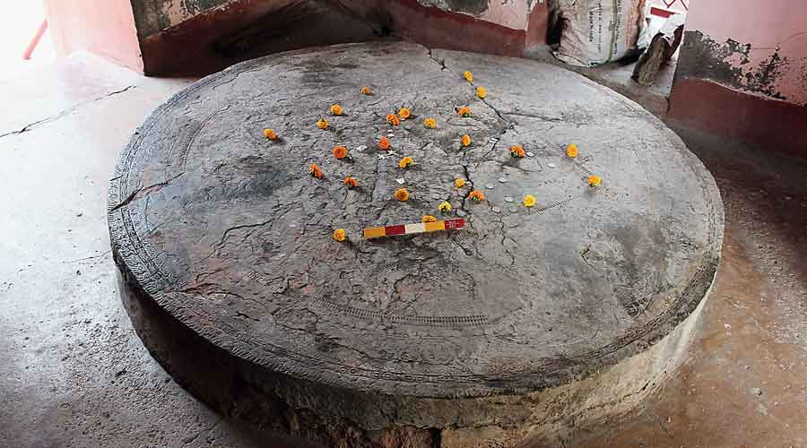 The Kushana-period vajrasana, as claimed by ASI expert Shanker Sharma, at the Vageshwari Devi temple in Bodhgaya.