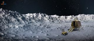 An artist's depiction of India's Chandrayaan-2 lander and rover on the surface of the moon, near its south pole.