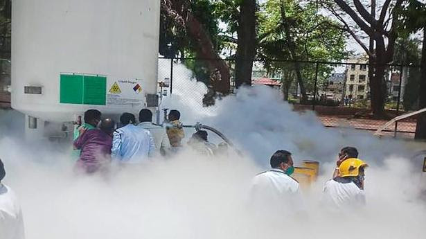  Medical oxygen leaks from a storage unit at Zakir Hussain Municipal Hospital in Nashik on April 21, 2021. The leak interrupted oxygen supply leading to the death of several COVID-19 patients. 