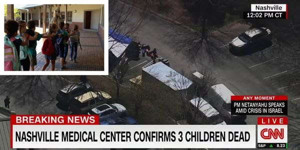 A news image shows children at a school where a mass shooting occurred.