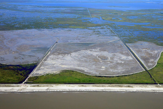 Aerial photo of construction underway on a marsh