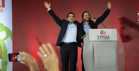 Alexis Tsipras y Pablo Iglesias en el mitin de cierre de campaña de Syriza.