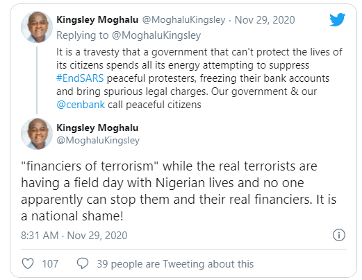 This government can?t protect the lives of its citizens but spends all its energy attempting to suppress #EndSARS peaceful protesters - Moghalu