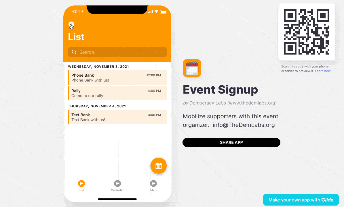 Share details about your upcoming events and collect RSVPs with the free EventSignUp app built with Glide.