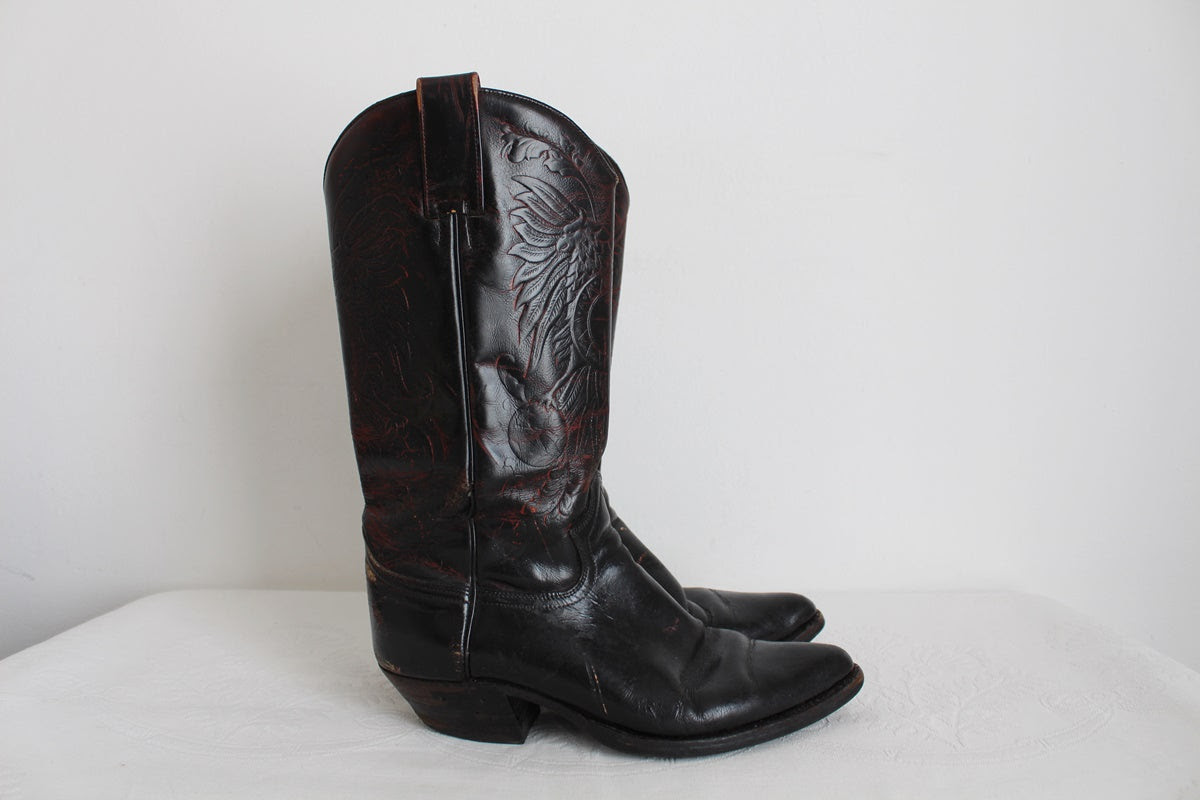 GENUINE LEATHER VINTAGE BLACK COWGIRL BOOTS - SIZE 6