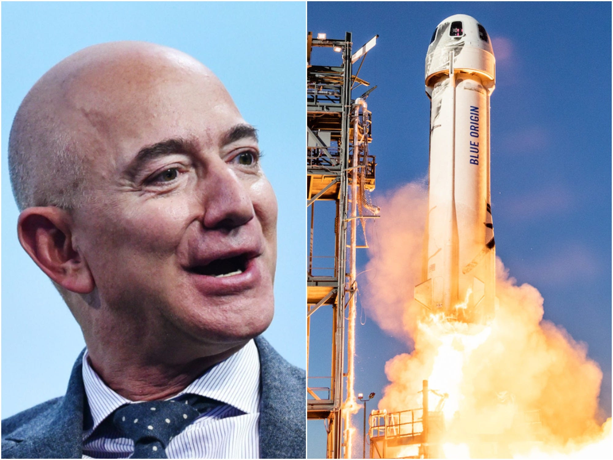 Jeff Bezos on left and a Blue Origin rocket on right