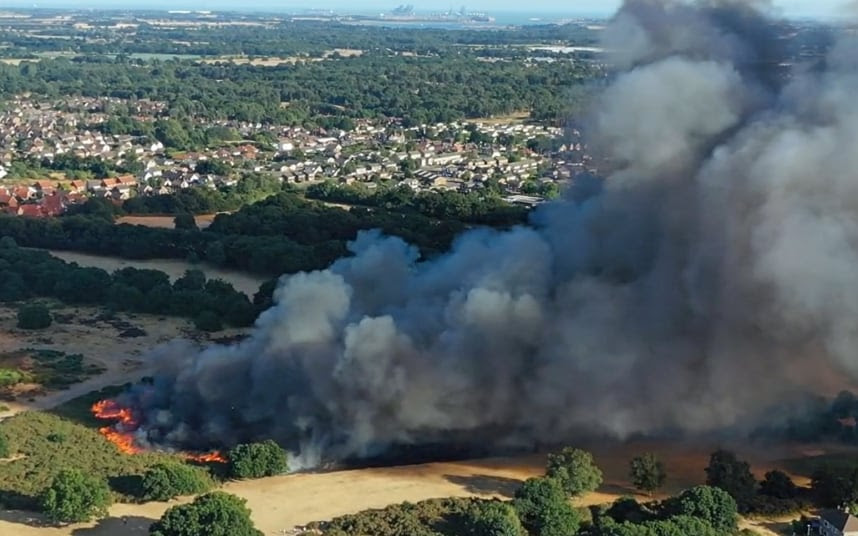 A fire burning on Rushmore Heath, Ipswich, yesterday. Credit: Sky Cam East/PA