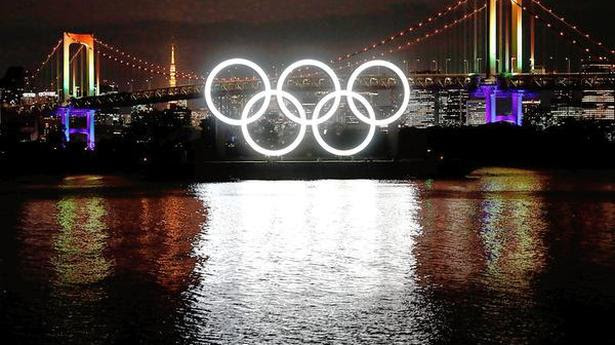  The giant Olympic rings installed at the waterfront area at Odaiba Marine Park, in Tokyo, Japan. File 