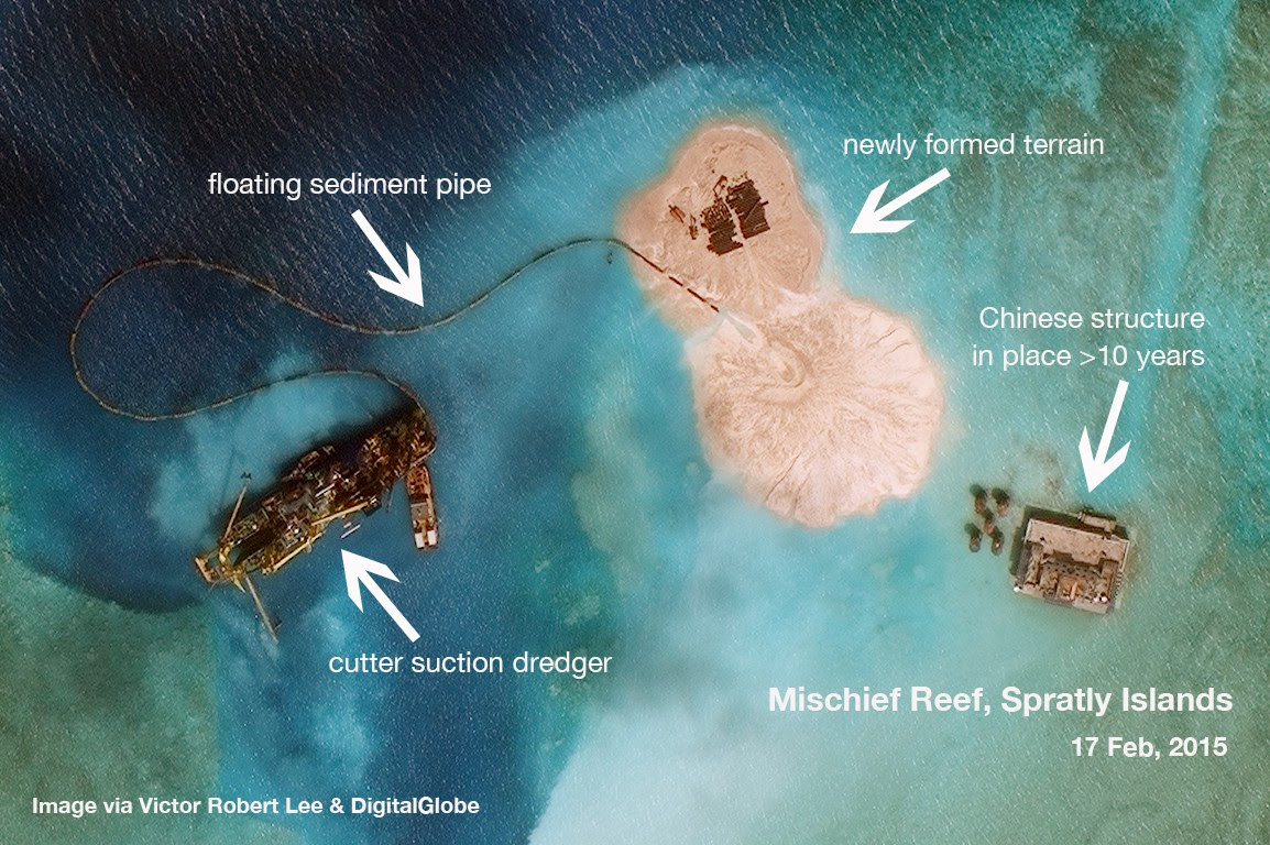 Satellite image analysis South China Sea reclamation in Spratly Islands