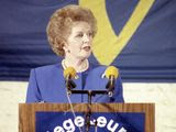 FILE - In this Sept. 20, 1988 file photo, British Prime Minister Margaret Thatcher addresses the opening session of the College of Europe, in Bruges, Belgium. In the speech, Thatcher voiced her growing opposition to calls for more integration between the countries of what became known as the European Union. On Jan. 31, 2020, Britain is scheduled to leave the EU after 47 years. (AP Photo/File)