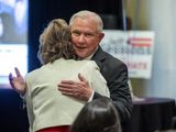Jeff Sessions visits with supporters prior to his watch-party speech, as he and his supporters watch results come in from Alabama&#39;s state primary, Tuesday, March 3, 2020, in Mobile, Ala. (AP Photo/Vasha Hunt)