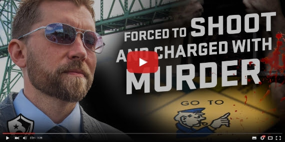 Video player overlay of a bearded man in sunglasses and the headline "FORCED TO SHOOT AND CHARGED WITH MURDER"