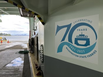 Photo of 70th anniversary logo decal on ferry