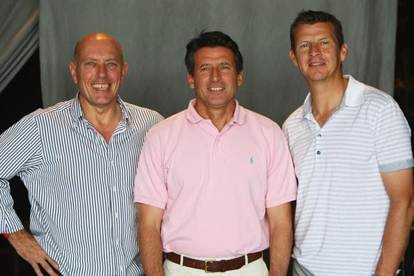 British athletics legends (L-R) Steve Ovett, Sebastian Coe and Steve Cram attend the Samsung Champions Lounge at the 12th IAAF World Championships in Athletics in Berlin (Getty Images)