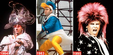 (L-R) Pantomime dame. Elton steals the show starring in Mother Goose. Hello Ducky - Elton going quackers on stage as Donald Duck. Star-spamgled jacket and hair-raising wig as he sings in concert.