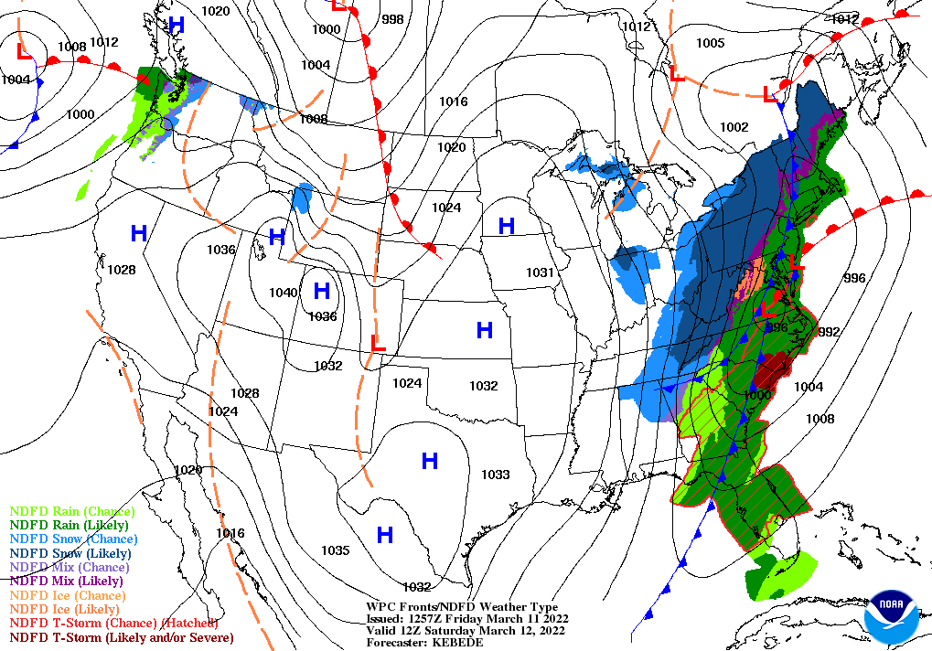 The WPC weather map for Saturday morning, showing the front pushing across South Carolina
