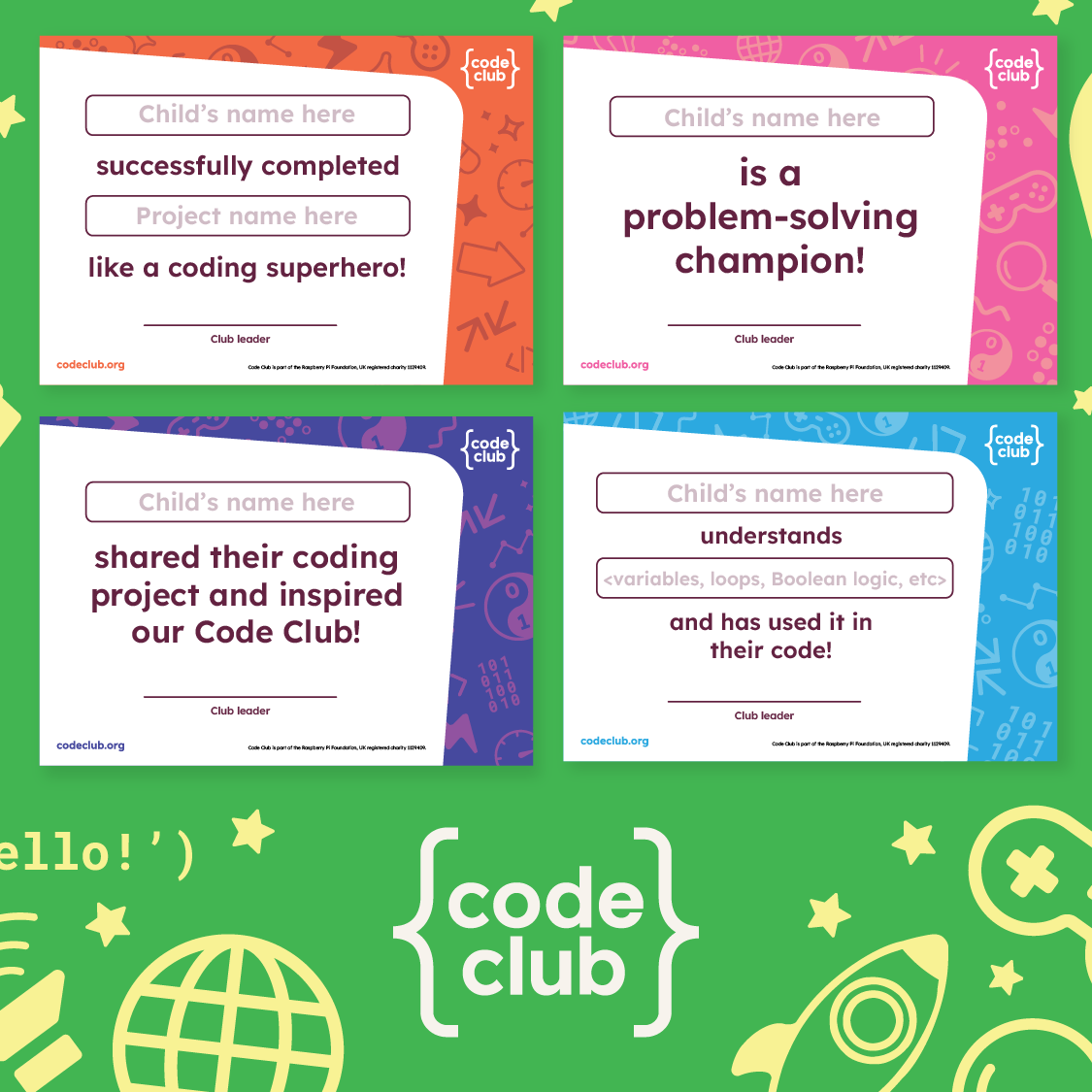 Four colourful Code Club certificates with space for a child’s name and achievements in coding and problem-solving.