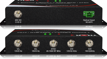 4 x Satellite L-Band LNB's + 1 CATV QAM / ATSC  RF over 1 fiber Transmitter F-SattGalaxy-TXRX-5 MDU Distribusion Solution