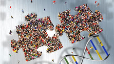 a crowd forming two puzzle pieces that come together and DNA
