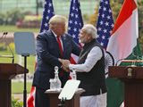 U.S. President Donald Trump and Indian Prime Minister Narendra Modi shake hands after giving a joint statement in New Delhi, India, Tuesday, Feb. 25, 2020. (AP Photo/Manish Swarup)