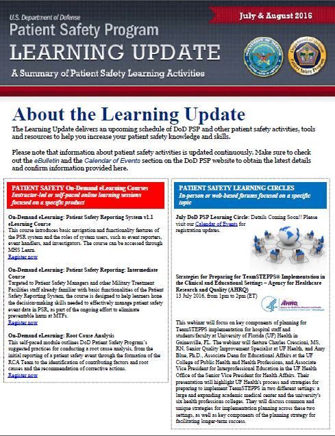 DoD PSP Learning Update July/August 2016 Edition Screenshot