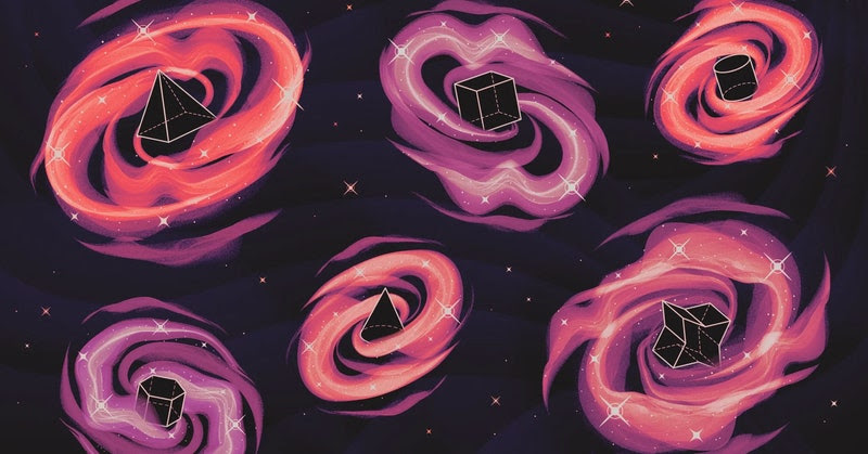 black hole concept with six black holes with geometric shapes in each of their centers