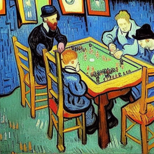 Hrající si rodina u stolu od Vincenta van Gogha podle představy umělé inteligence