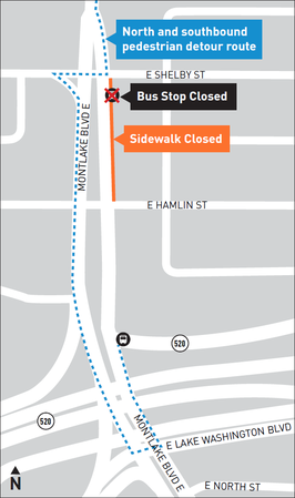 Montlake Boulevard map. The part between East Shelby and Hamlin Streets is labeled sidewalk closed. There’s a detour route to the left of the road