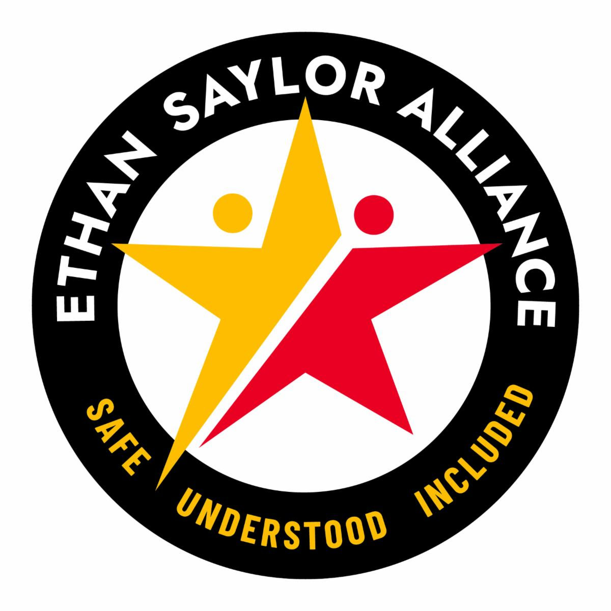 Ethan Saylor Alliance logo includes two figures in gold and red forming a star in center of black ring.  Ring says Ethan Saylor Alliance, Safe, Understood, Included