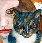 Nina and her Cat, Watercolor and Pen, Illustration Pet Portrait Penny StewArt - Posted on Sunday, December 21, 2014 by Penny Lee StewArt