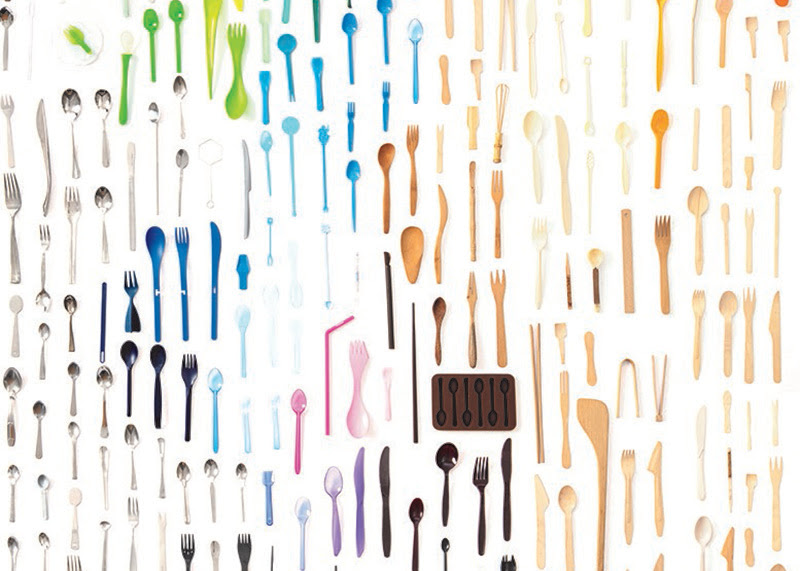 A photo representing Germany's pavilion, which shows a collection of colourful, disposable cutlery, neatly ordered in rows.