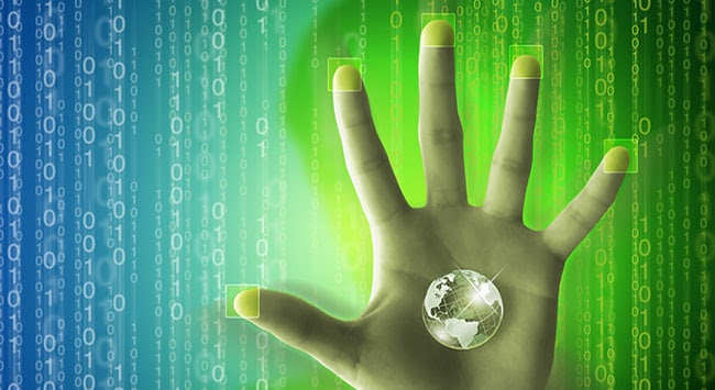 Hand holding globe with binary code in the background