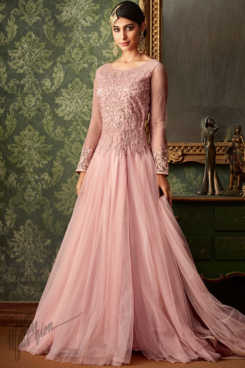 Light Pink Net Party Wear Gown Style Suit