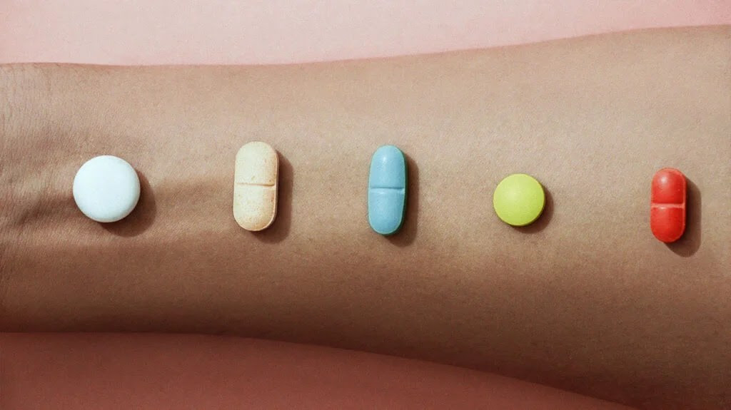 A selection of different colored tablets on someone's forearm