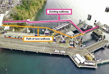 Map of Bainbridge terminal showing locations of existing overhead passenger walkway and new one