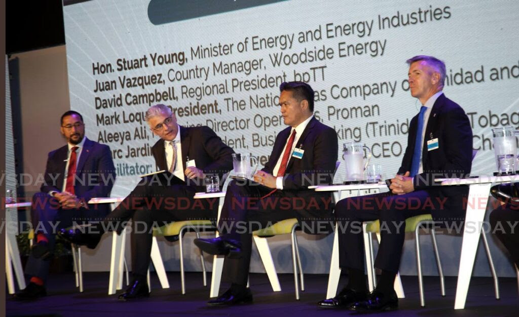 Energy Minister Stuart Young, from left, Energy Chamber CEO Dr Thackwray Driver, NGC president Mark Loquan and bpTT president David Campbell at the Energy Chamber conference, Hyatt Regency, Port of Spain. Photo by Sureash Cholai