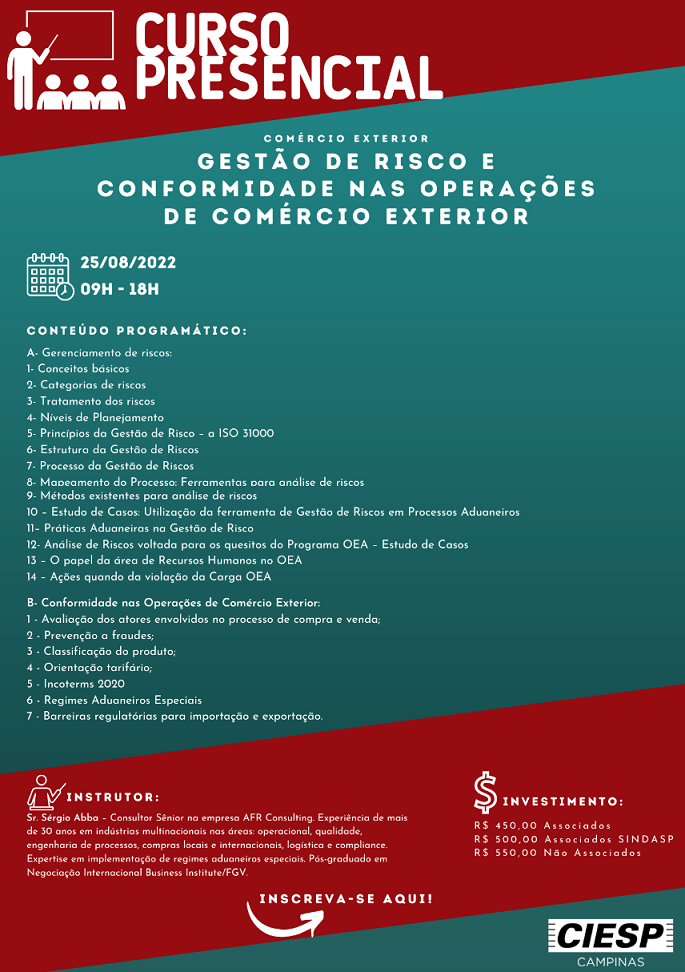 CURSO PRESENCIAL - GESTÃO DE RISCO E CONFORMIDADE.