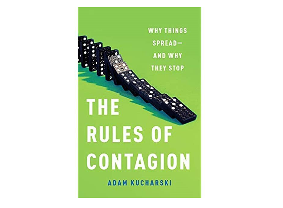 Image of "The Rules of Contagion" book cover. Green with dominos falling.