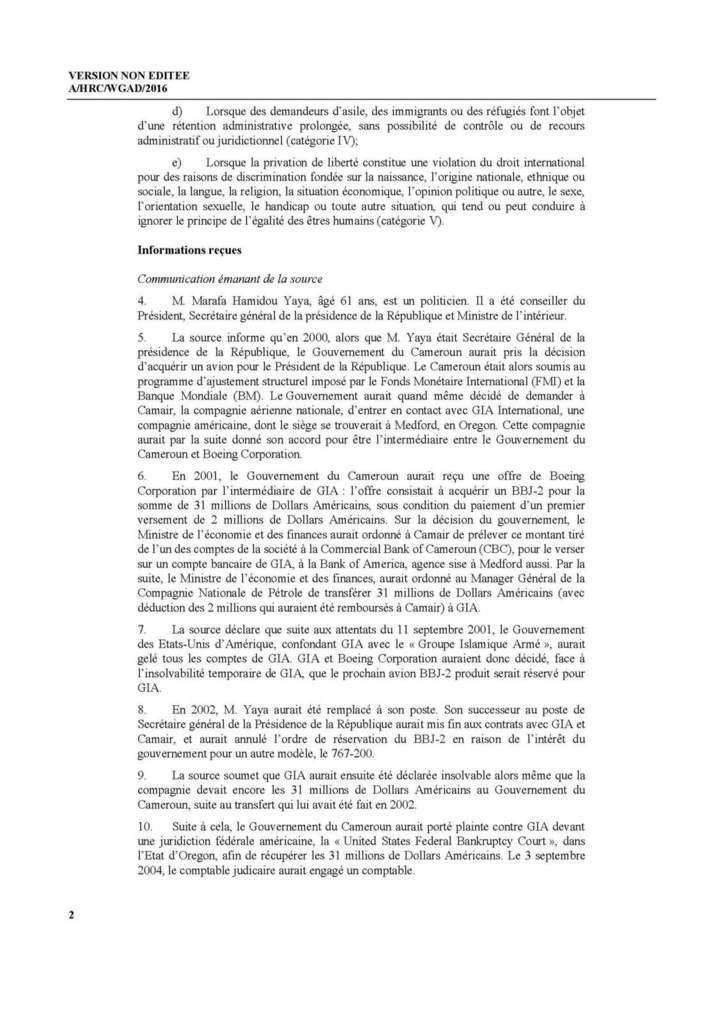 Decision du groupe de travail des nations unis sur la Detention arbitraire demandant la liberation de Marafa Hamidou Yaya