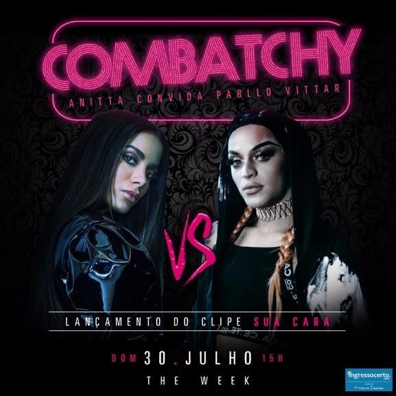 banner da festa "combatchy" em preto e rosa, com fotos de anitta e pabllo vittar