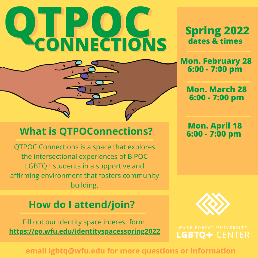 yellow flyer with two brown hands touching for QTPOC Connection