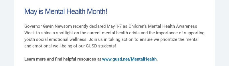Mai est le mois de la santé mentale ! Le gouverneur Gavin Newsom a récemment déclaré du 1er au 7 mai que les troubles mentaux pour enfants...