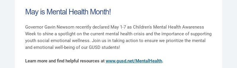 Mai est le mois de la santé mentale ! Le gouverneur Gavin Newsom a récemment déclaré du 1er au 7 mai que les troubles mentaux pour enfants...