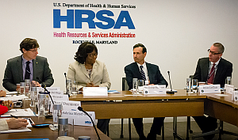 HRSA Administrator Dr. George Sigounas, Principal Deputy Brian LeClair, with Dr. Carissa Etienne, and Dr. James Fitzpatrick of PAHO