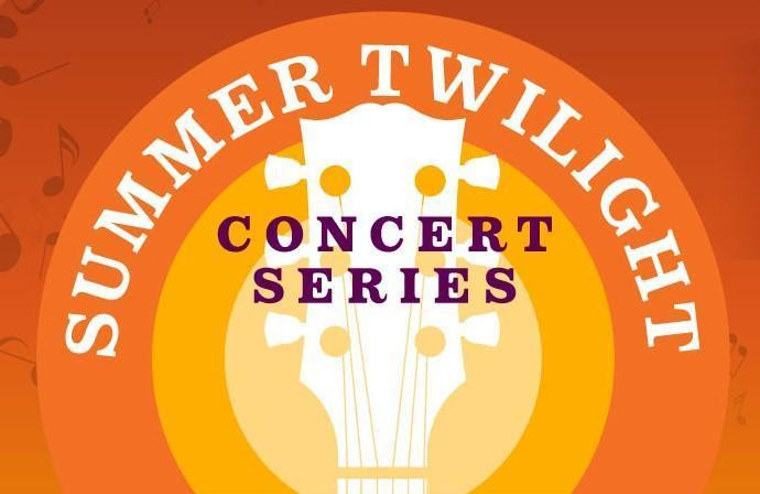 ''Summer Twilight Concert Series'' in white text on an orange background with a guitar.