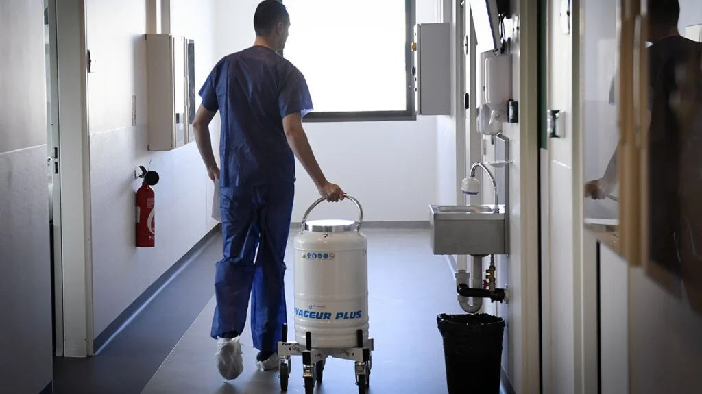 A laboratory technician carries a cryogenic container of blood to be treated before genetically modifying a patient’s immune cells in the laboratory. March 8, 2019 at a production laboratory unit of the Paoli-Calmettes Institute in France.