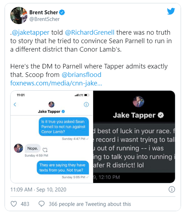 A tweet capturing the hypocrisy and lies of Jake Trapper