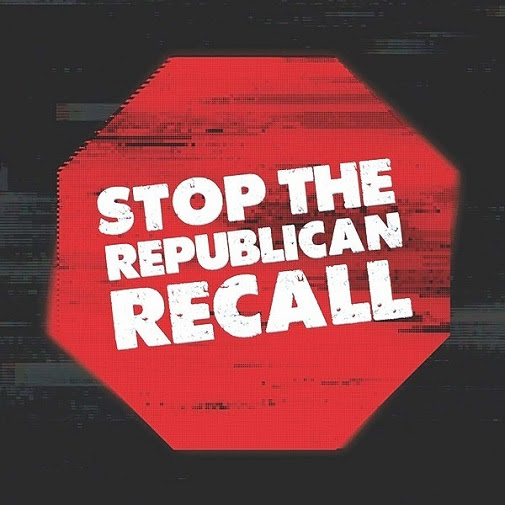 White text on a red background shaped like a stop sign reads "Stop the Republican recall"